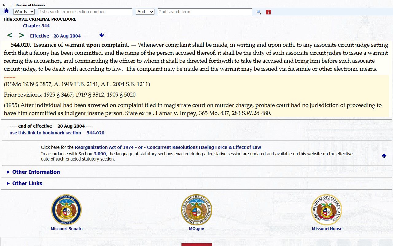 Osage County arrest records and court charges Missouri complaint and warrant statute