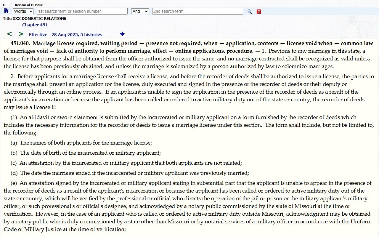 Osage County marriage records Missouri marriage license statute